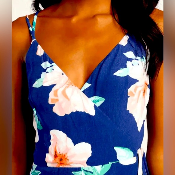 Lulus Blooming Bright Blue Floral Print High-Low Wrap Midi Dress Size Small NWT - Picture 3 of 10